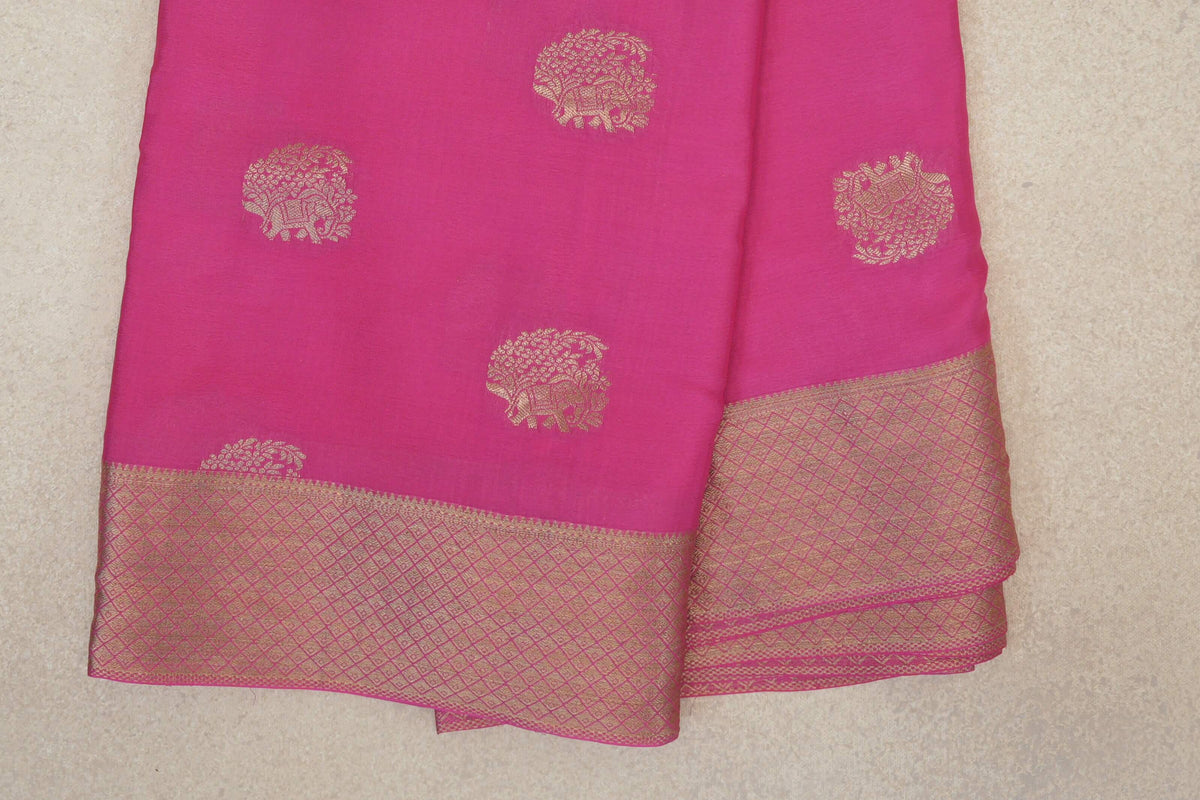 Bright Rose Pink Mysore Silk Saree border zoom