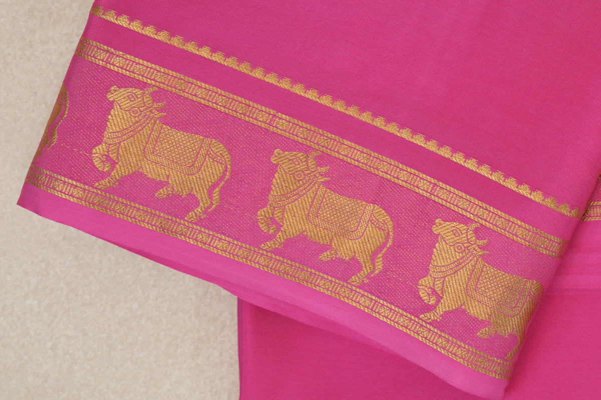 Bright Rose Pink Mysore Silk Saree border zoom