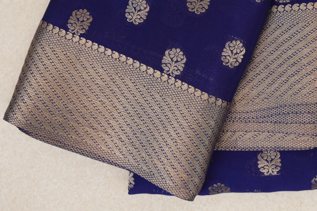 Deep Royal Blue Mysore Silk Saree borde zoom