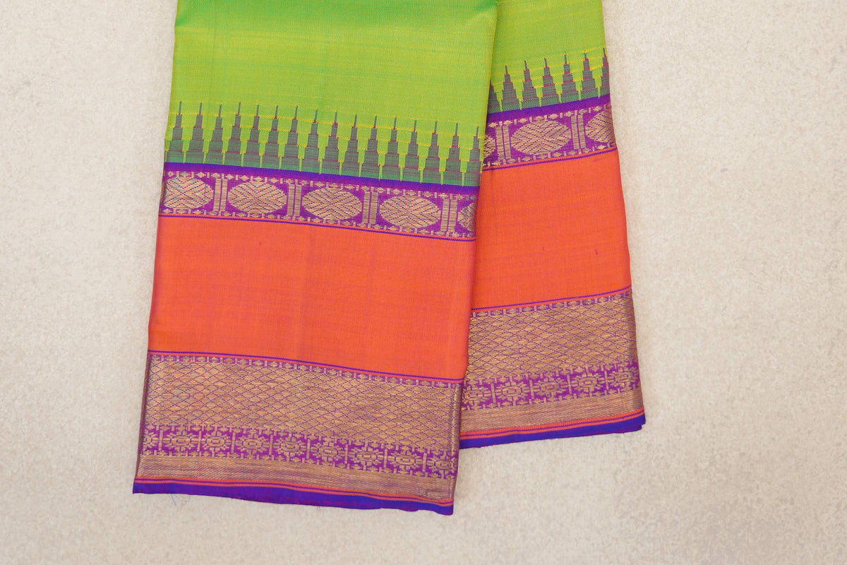folded Parrot Green Vintage Kanjivaram Silk Saree border zoom