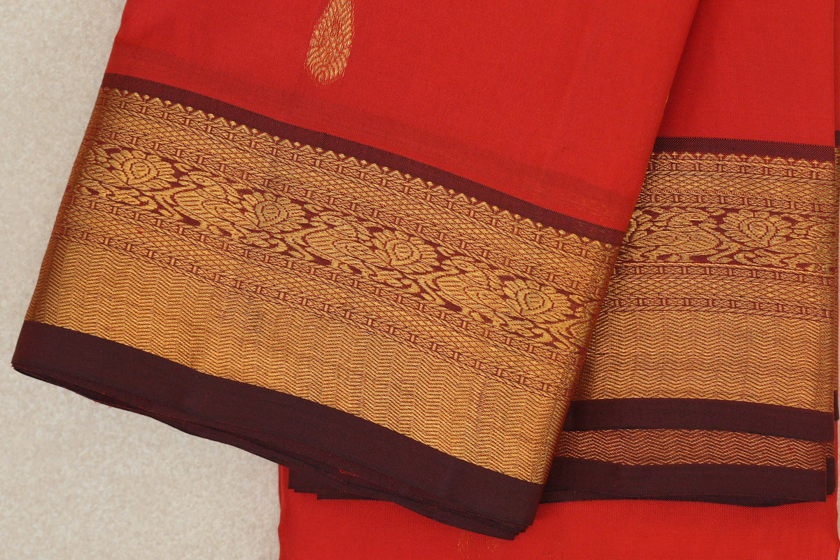 Bright Tomato Red Vintage Kanjivaram Silk Saree border zoom