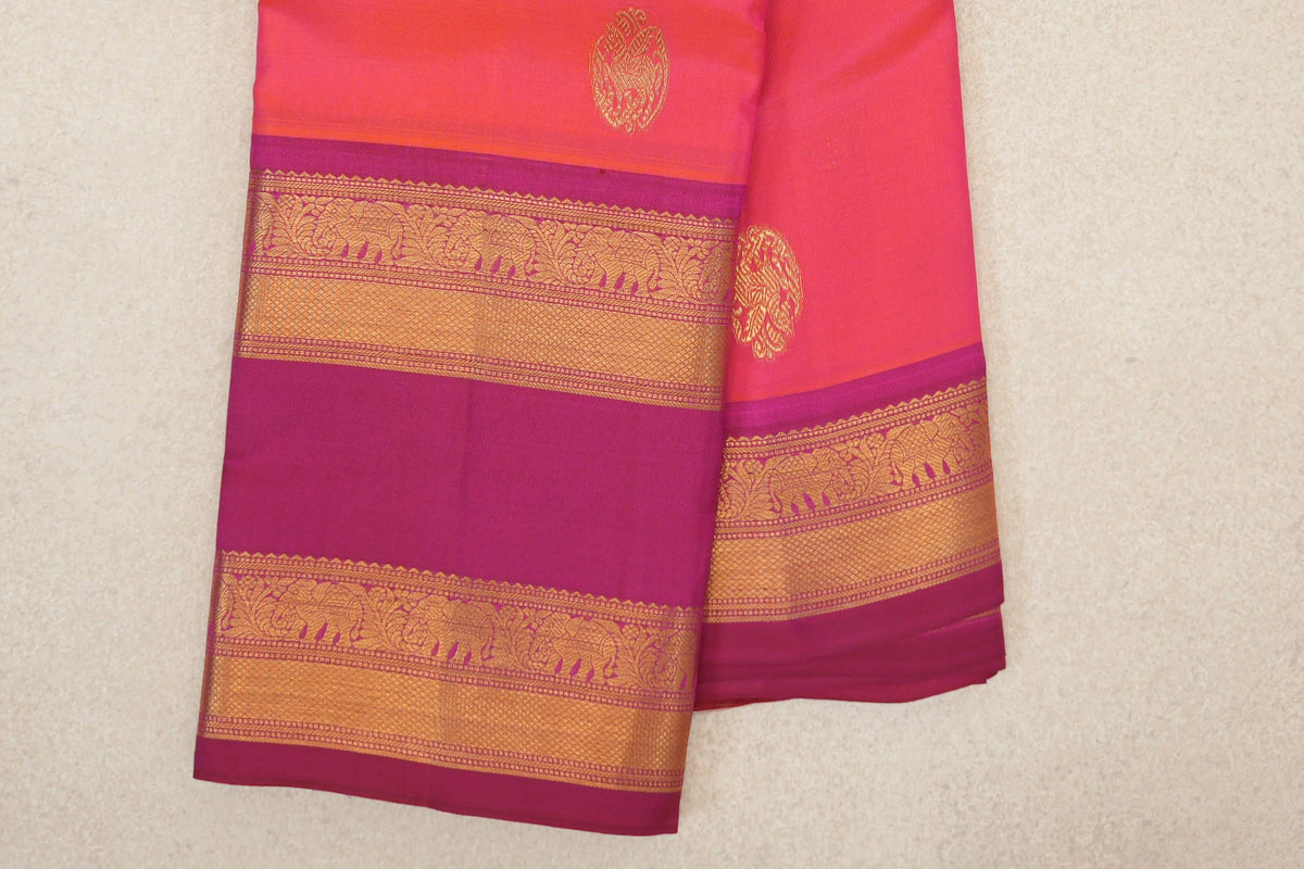 Orangish Pink with Reddish Magenta Borders Light Weight Kanchipuram Silk Saree by Shreenivas Silks PSSR0110544
