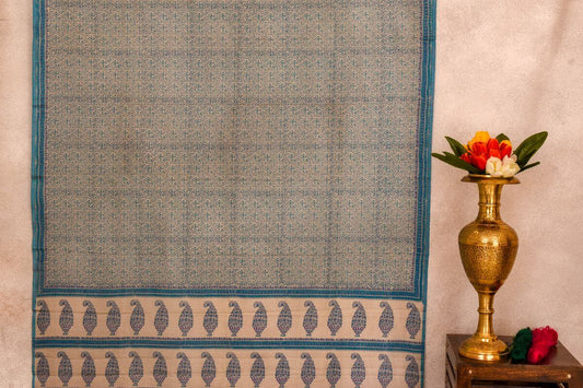 Mulberry silk saree | Hand-block printed Grey and Blue Saree |PSSW29005 - Parisera