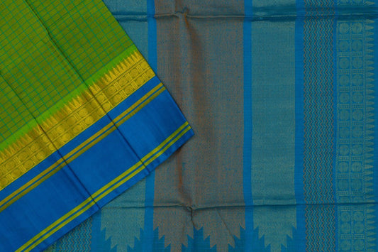 Green with blue checked Silk Cotton saree PSAC090137 - Parisera