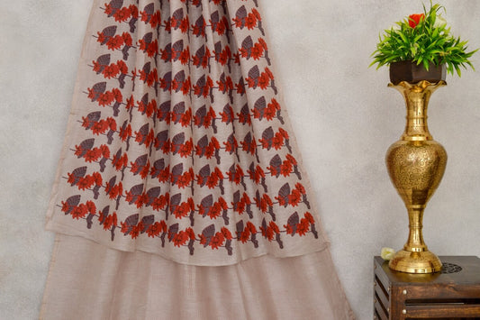 Beige Linen Saree with Red Floral Prints PSCO110020 - Parisera