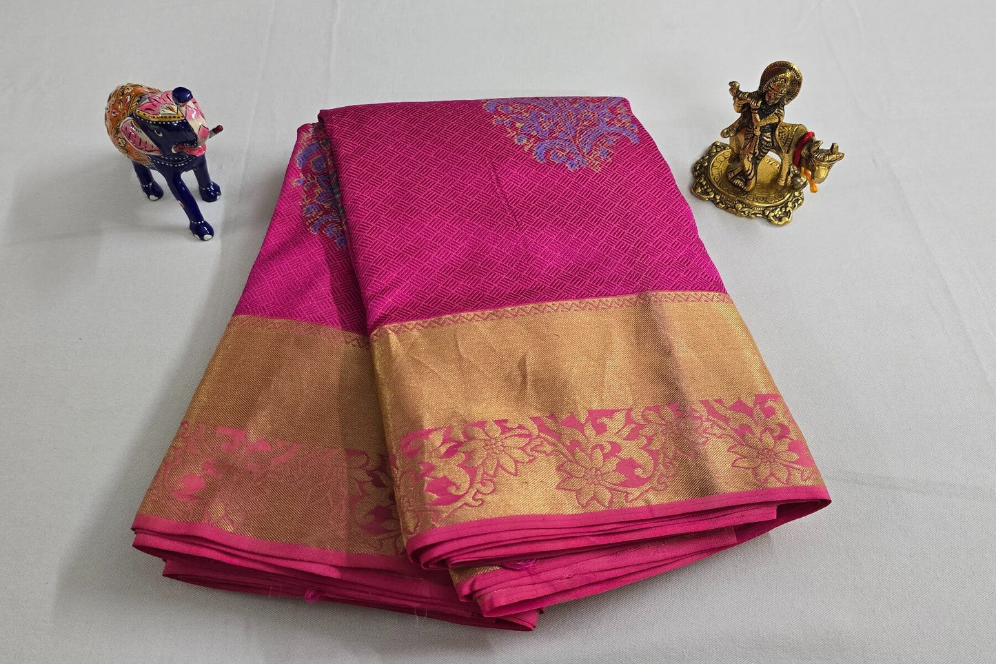 Block printed Pink Kanjivaram Silk Saree with Golden Zari Border