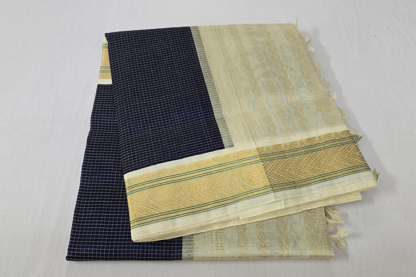 Checked dark navy blue silk cotton saree
