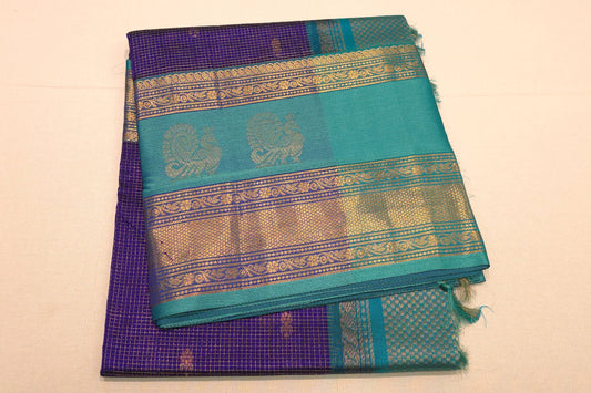 Blue zari micro check silk cotton saree
