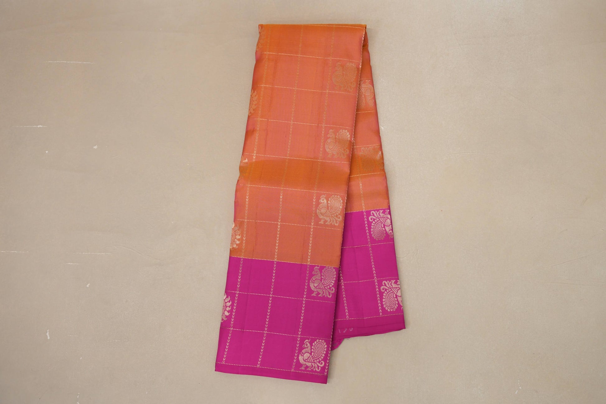 Peach with pink border Light Weight Kanjivaram Silk Saree by Shreenivas Silks PSSR018801 - Parisera