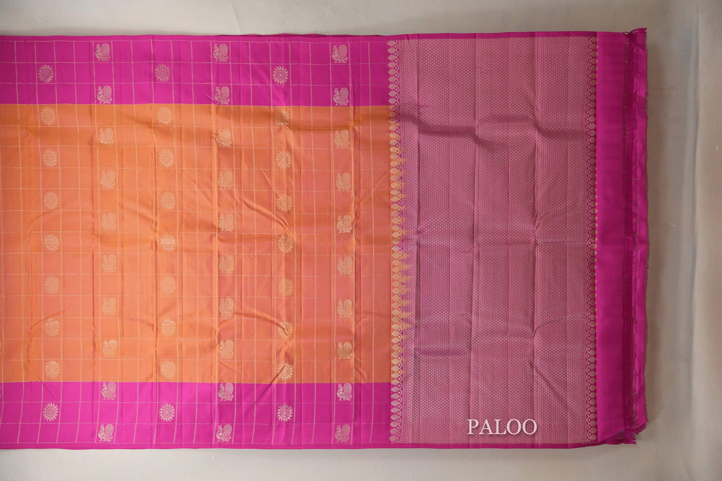 Peach with pink border Light Weight Kanjivaram Silk Saree by Shreenivas Silks  paloo