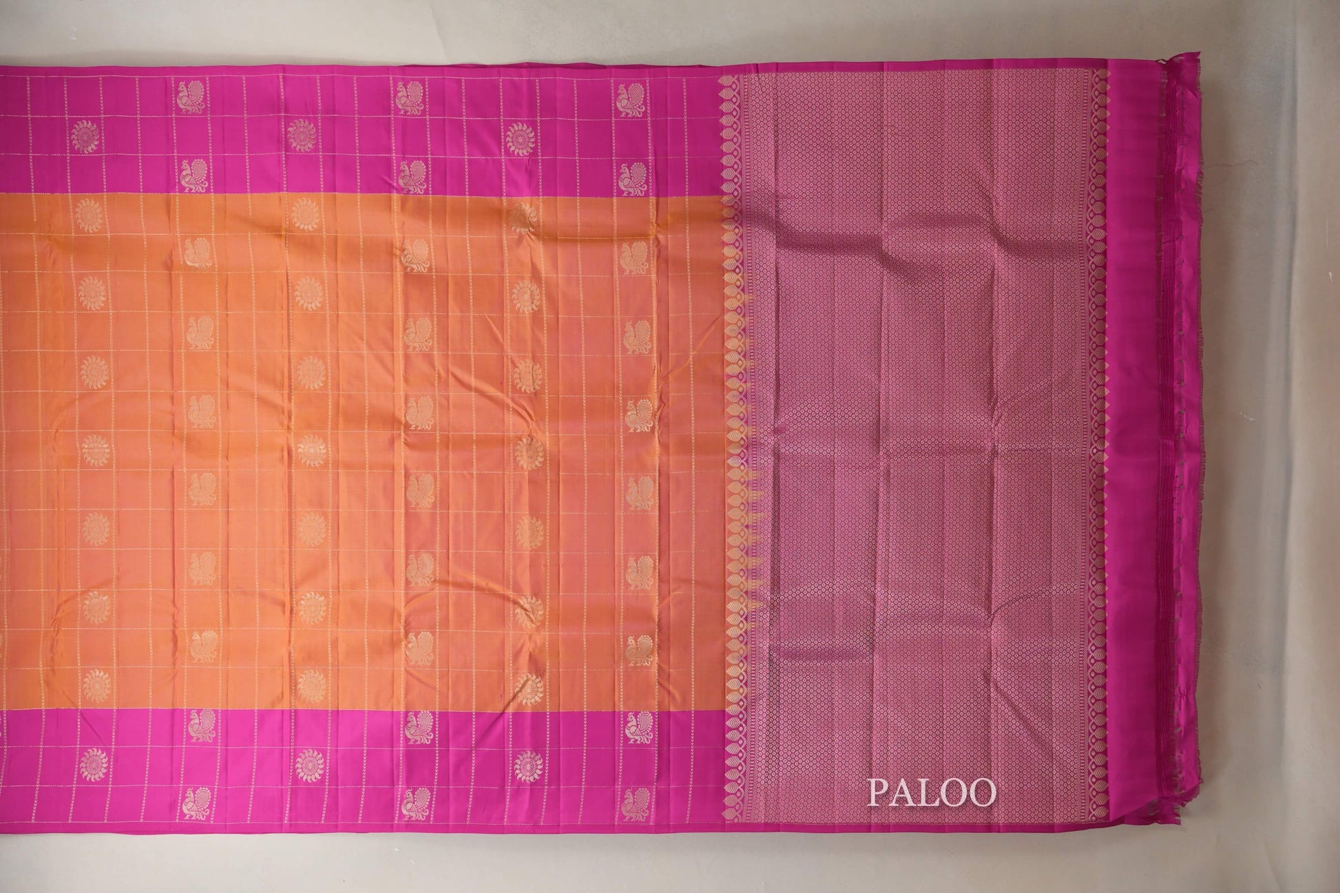 Peach with pink border Light Weight Kanjivaram Silk Saree by Shreenivas Silks  paloo