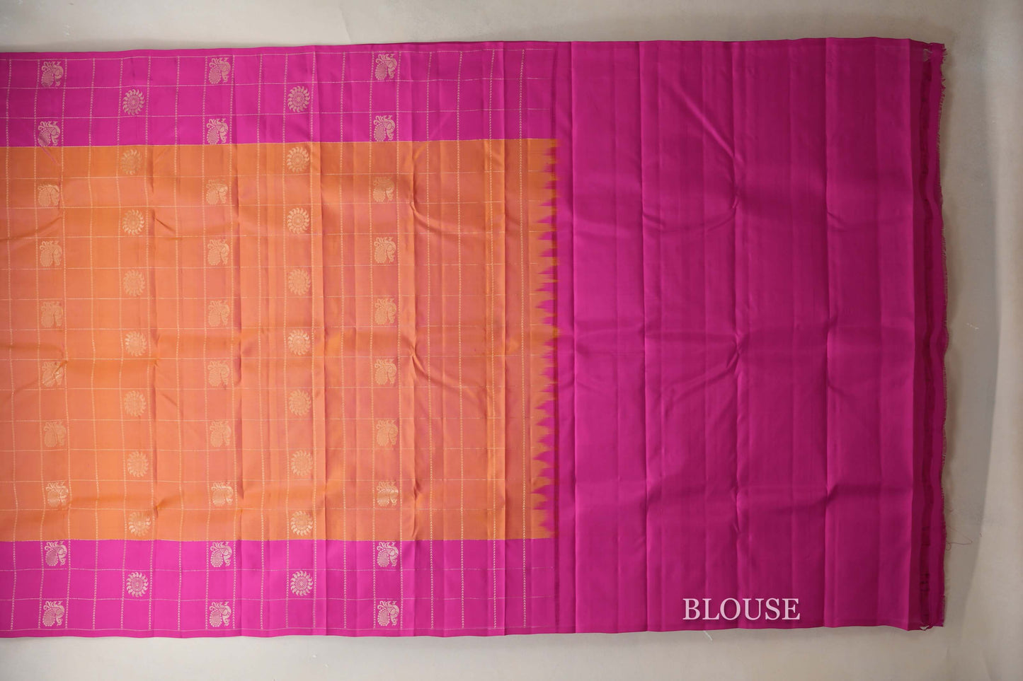Peach with pink border Light Weight Kanjivaram Silk Saree by Shreenivas Silks  blouse