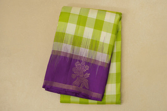 folded Lime Green and Off White Checks  Light Weight Kanjivaram Silk Saree