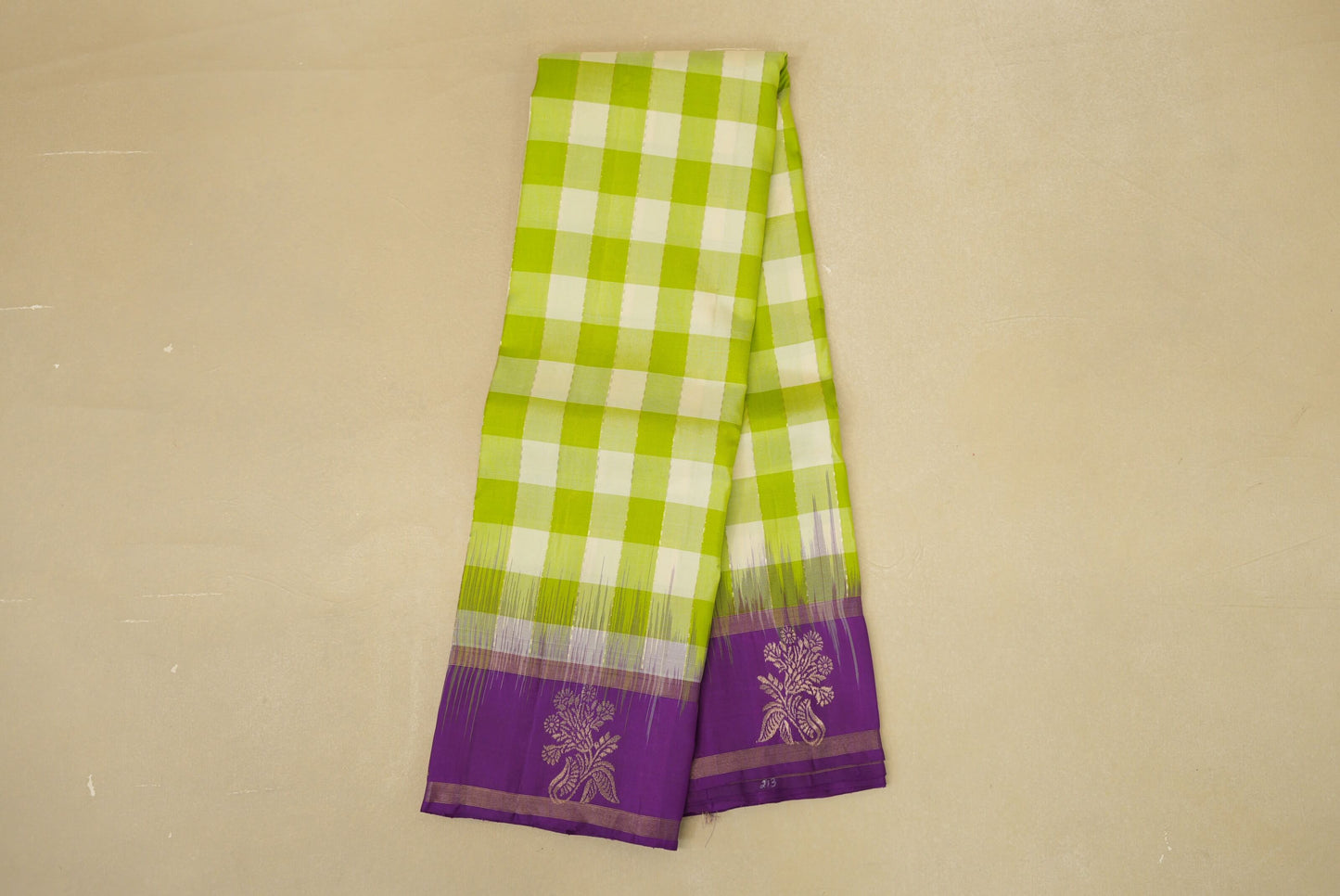 Lime Green and Off White Checks  Light Weight Kanjivaram Silk Saree online