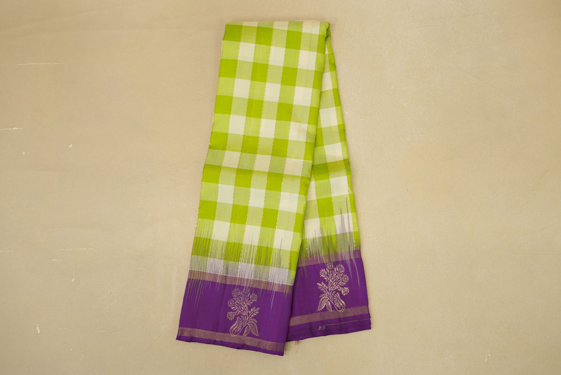 Lime Green and Off White Checks  Light Weight Kanjivaram Silk Saree online