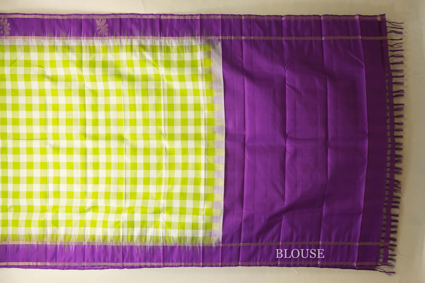 Lime Green and Off White Checks  Light Weight Kanjivaram Silk Saree blouse