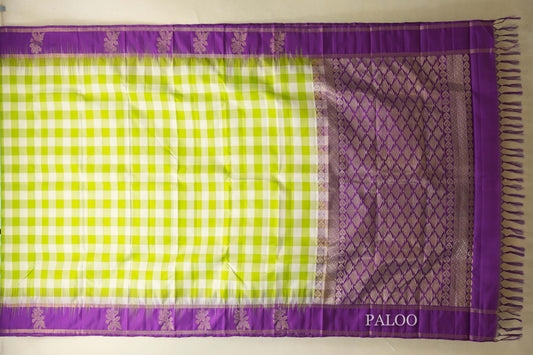 Lime Green and Off White Checks  Light Weight Kanjivaram Silk Saree paloo