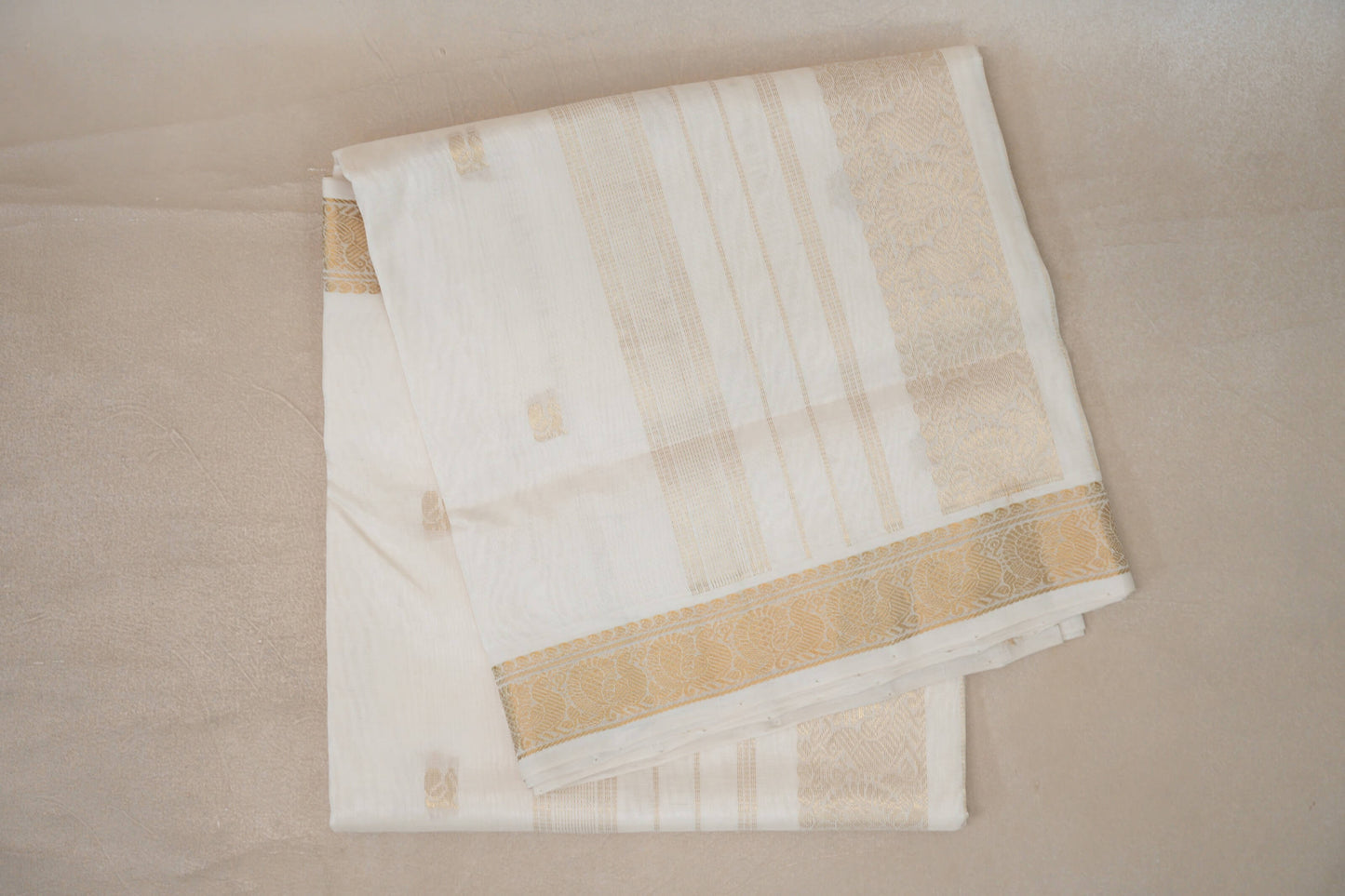 Cream Vegan Silk Cotton Saree by Shreenivas Silks