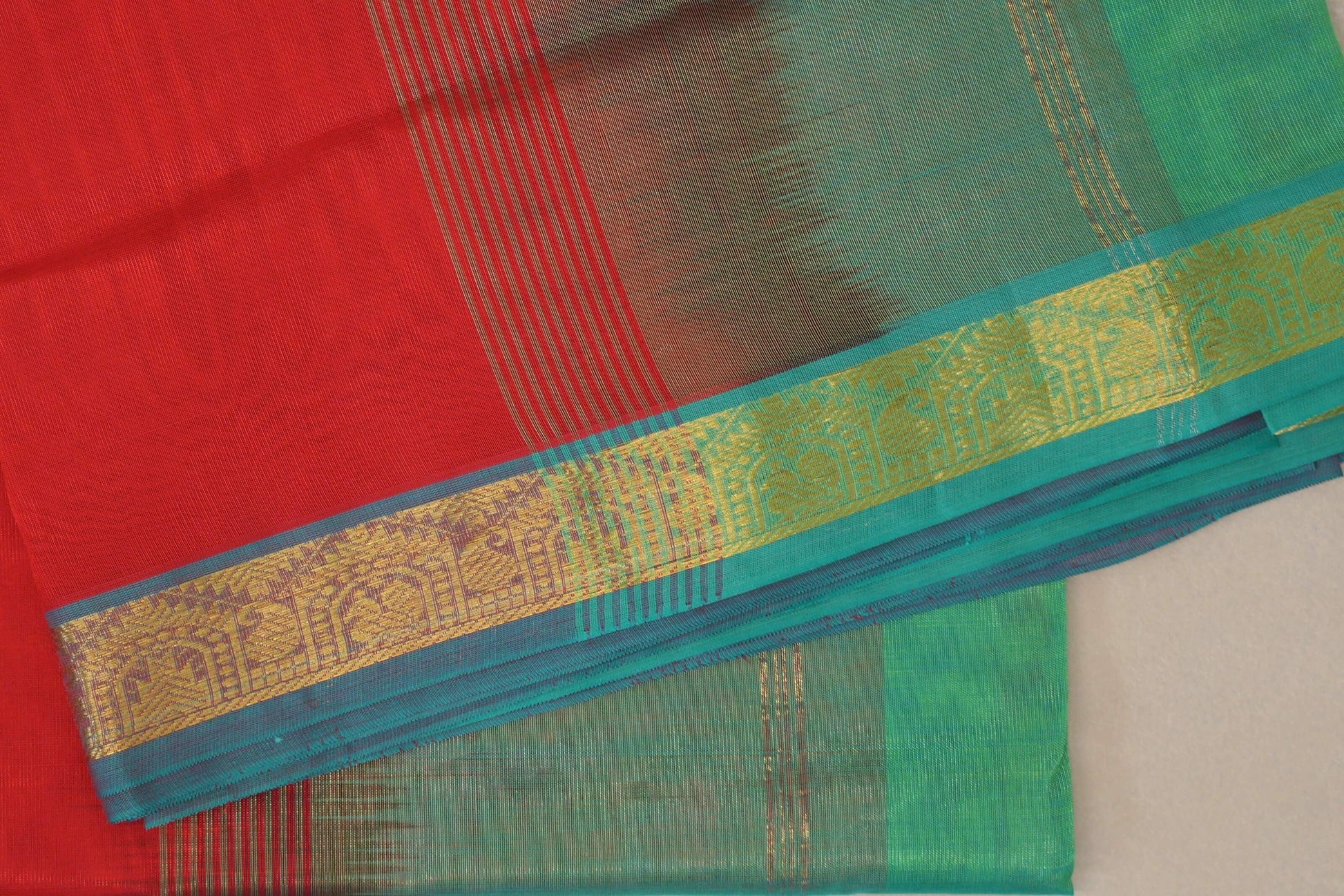 Bright red with Aqua Green borders Vegan Silk Cotton Saree by Shreenivas Silks border