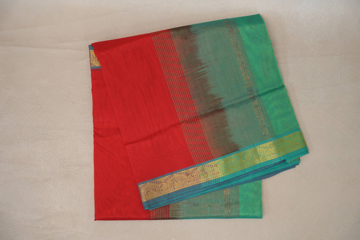 Bright red with Aqua Green borders Vegan Silk Cotton Saree by Shreenivas Silks