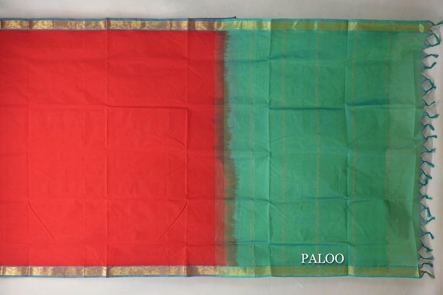 Bright red with Aqua Green borders Vegan Silk Cotton Saree by Shreenivas Silks paloo