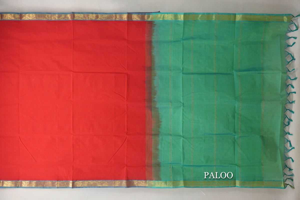 Bright red with Aqua Green borders Vegan Silk Cotton Saree by Shreenivas Silks paloo