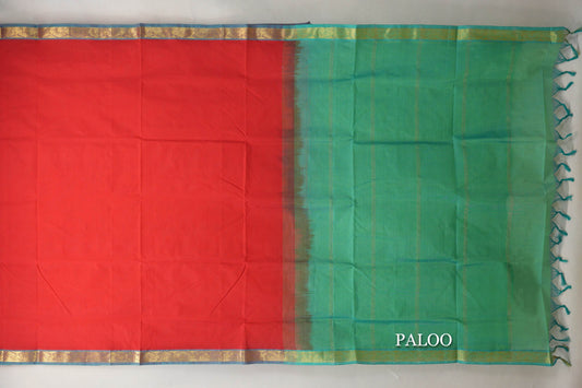 Bright red with Aqua Green borders Vegan Silk Cotton Saree by Shreenivas Silks paloo