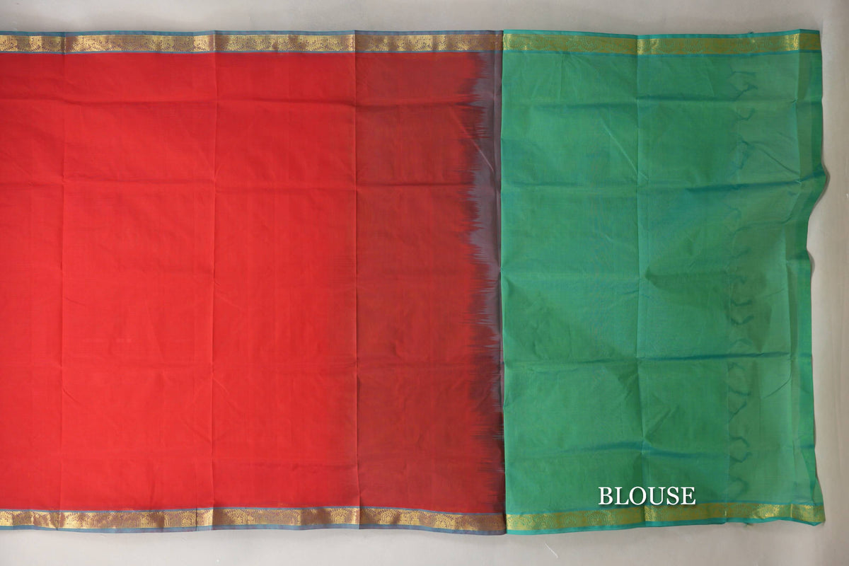 Bright red with Aqua Green borders Vegan Silk Cotton Saree by Shreenivas Silks blouse