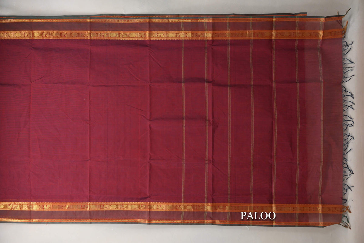 Dual Tone of Red & Blue Grey Vegan Silk Cotton Saree by Shreenivas Silks paloo