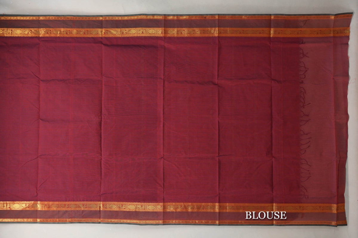 Dual Tone of Red & Blue Grey Vegan Silk Cotton Saree by Shreenivas Silks blouse