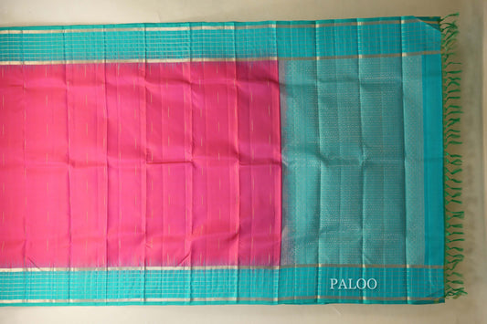 Bright Pink with Aqua Blue Borders Light Weight Kanjivaram Silk Saree paloo