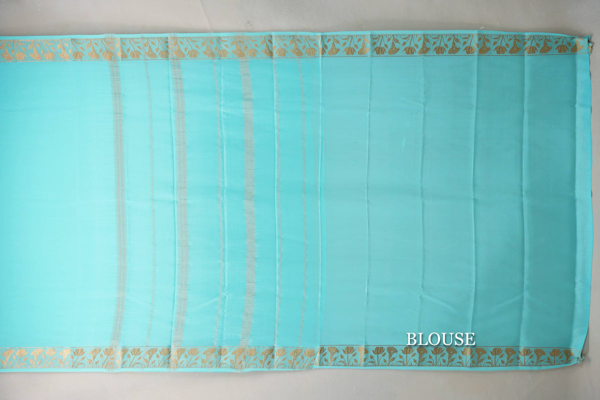 Light Aqua Blue Mysore Silk Saree by Shreenivas Silks blouse