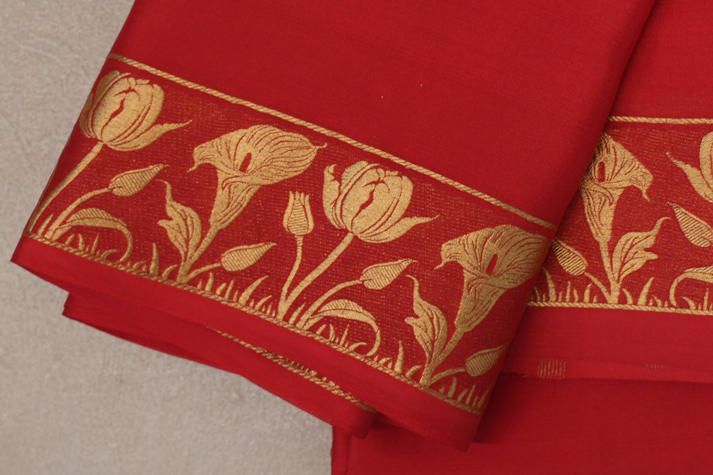 Tomato Red Blue Mysore Silk Saree by Shreenivas Silks border