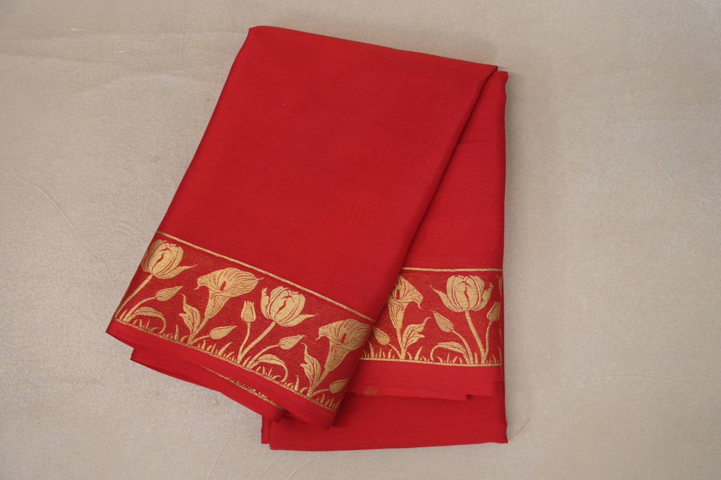 Tomato Red Blue Mysore Silk Saree by Shreenivas Silks