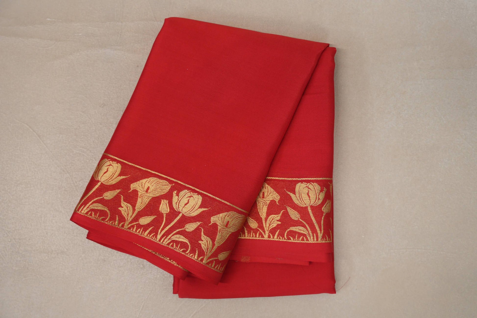 Tomato Red Blue Mysore Silk Saree by Shreenivas Silks