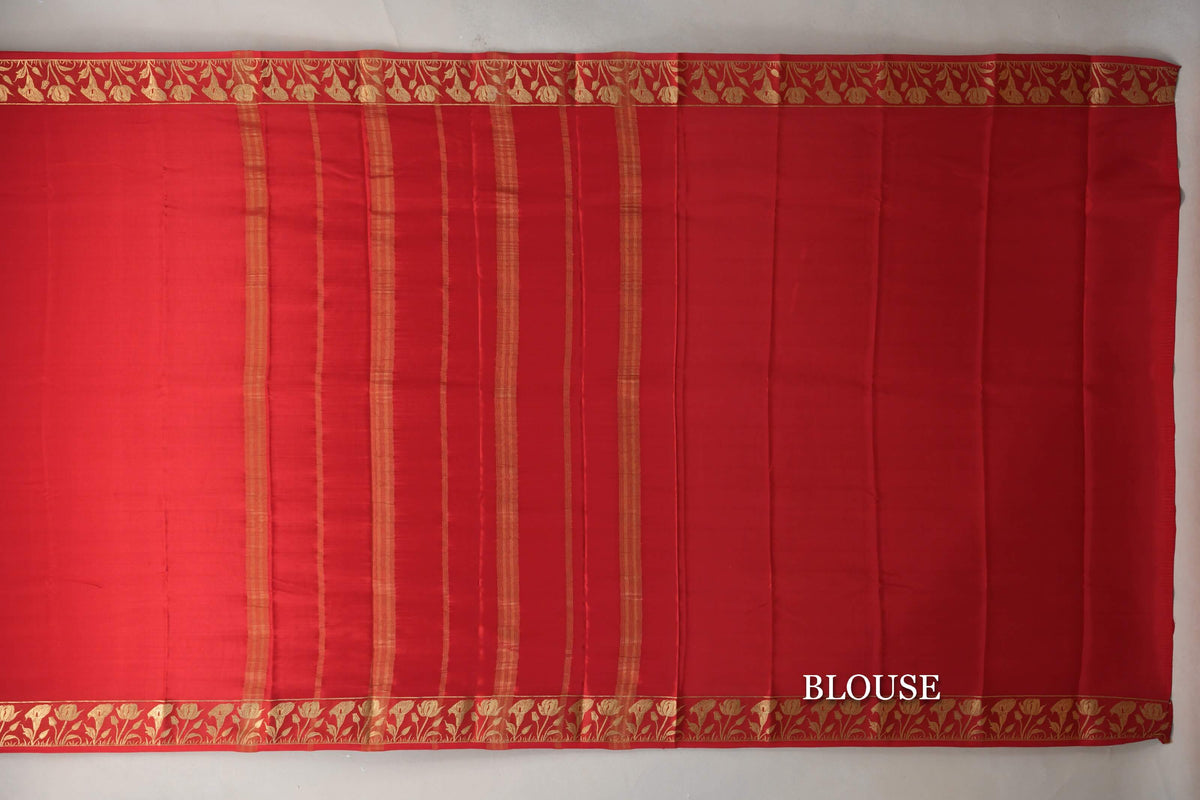 Tomato Red Blue Mysore Silk Saree by Shreenivas Silks blouse