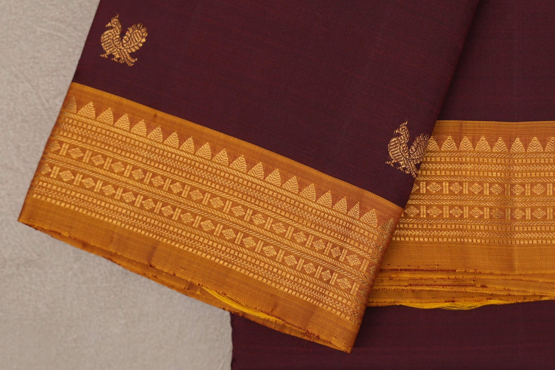 Deep maroon with Mustard Yellow Vintage Kanjivaram Silk Saree by Shreenivas Silks border