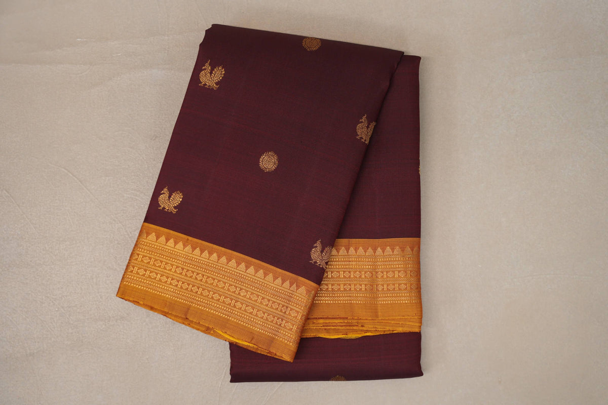 Deep maroon with Mustard Yellow Vintage Kanjivaram Silk Saree by Shreenivas Silks