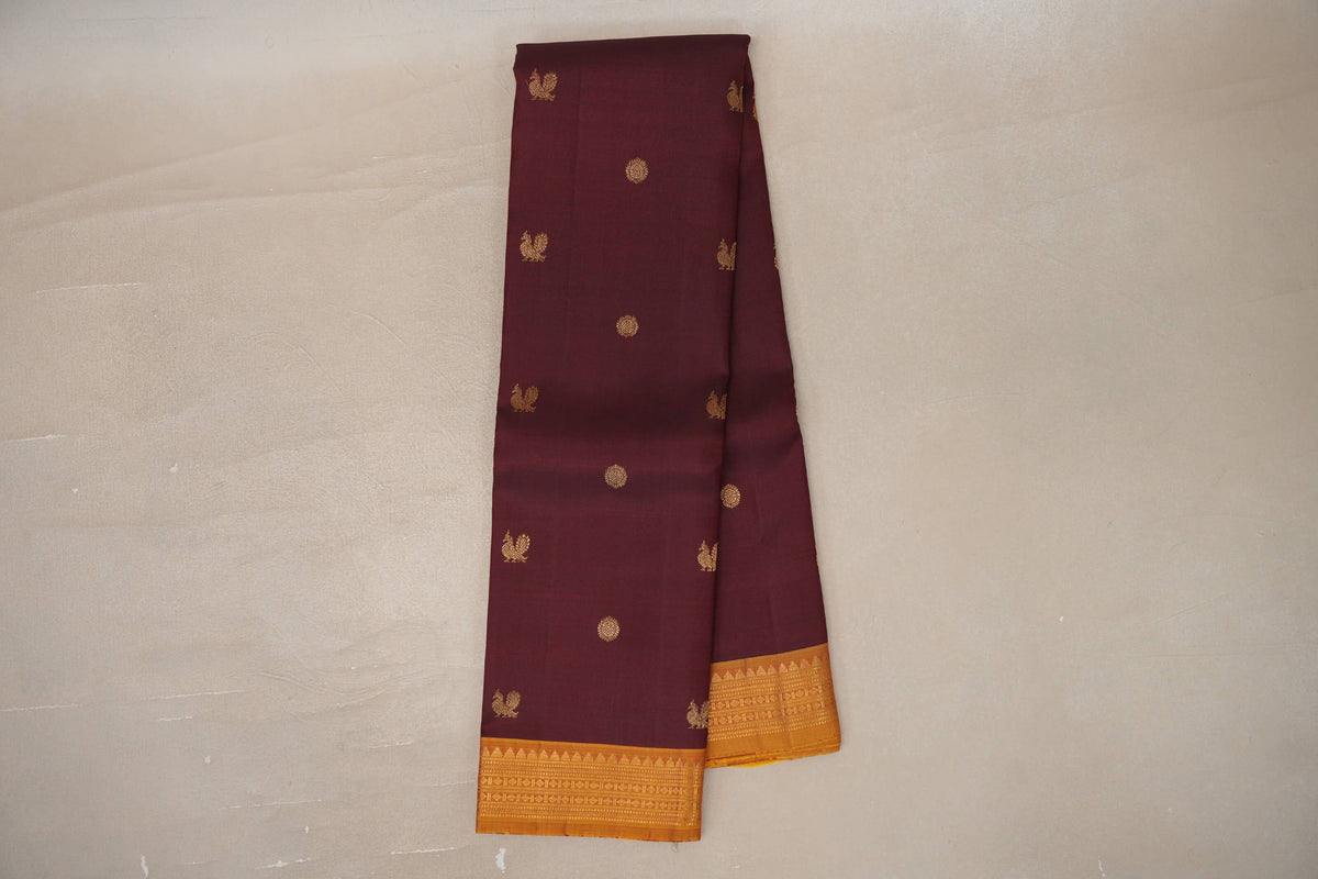 Deep maroon with Mustard Yellow Vintage Kanjivaram Silk Saree by Shreenivas Silks