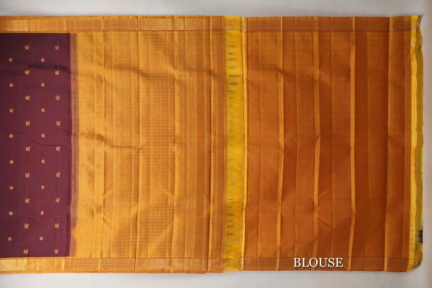 Deep maroon with Mustard Yellow Vintage Kanjivaram Silk Saree by Shreenivas Silks blouse