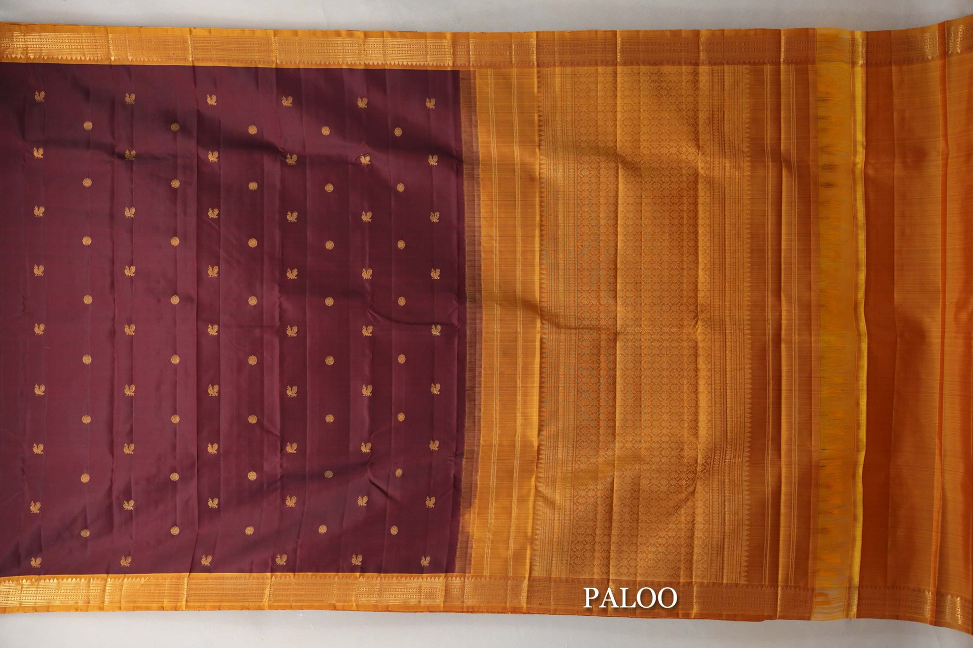Deep maroon with Mustard Yellow Vintage Kanjivaram Silk Saree by Shreenivas Silks paloo