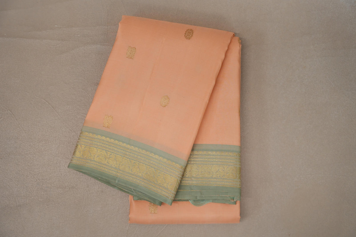 Light orange with Elaichi Green Vintage Kanjivaram Silk Saree by Shreenivas Silks