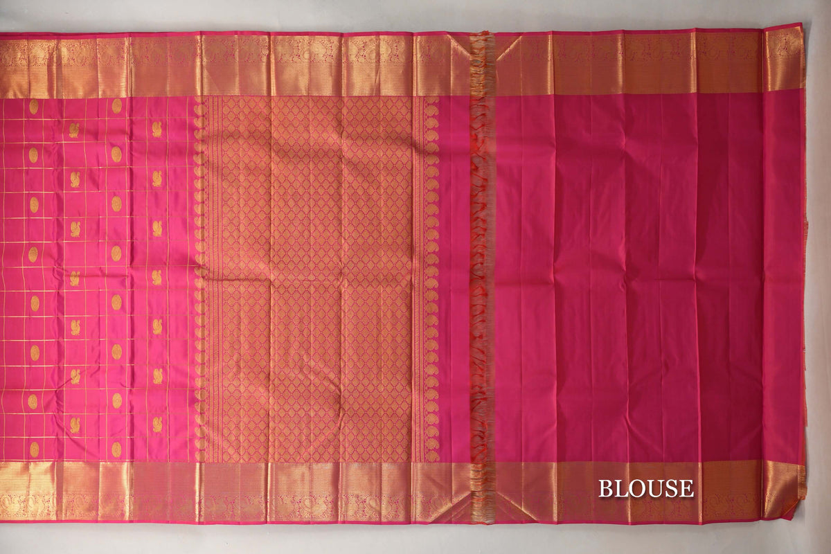 Bright Rani Pink Vintage Kanjivaram Silk Saree by Shreenivas Silks blouse