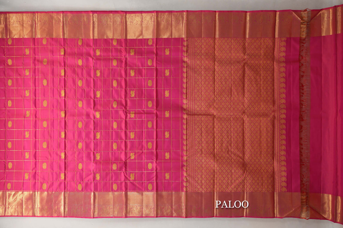 Bright Rani Pink Vintage Kanjivaram Silk Saree by Shreenivas Silks paloo