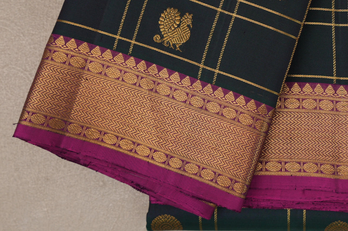 Dual Tone of Deep  Bottle Green & Purple Vintage Kanjivaram Silk Saree by Shreenivas Silks border