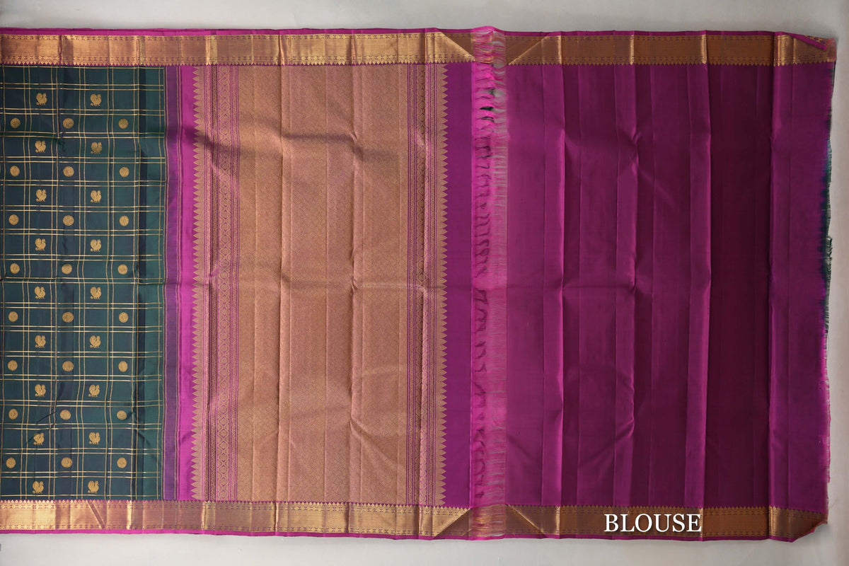Dual Tone of Deep  Bottle Green & Purple Vintage Kanjivaram Silk Saree by Shreenivas Silks blouse