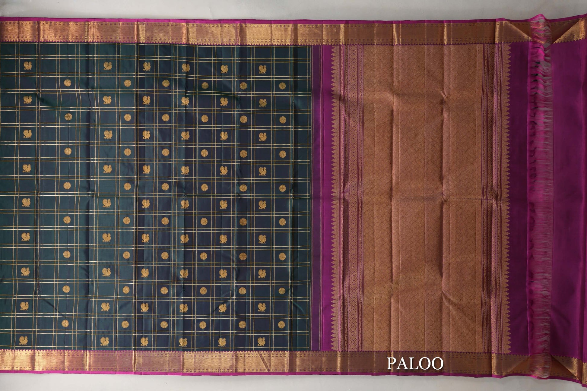 Dual Tone of Deep  Bottle Green & Purple Vintage Kanjivaram Silk Saree by Shreenivas Silks paloo