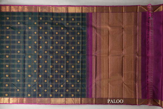 Dual Tone of Deep  Bottle Green & Purple Vintage Kanjivaram Silk Saree by Shreenivas Silks paloo