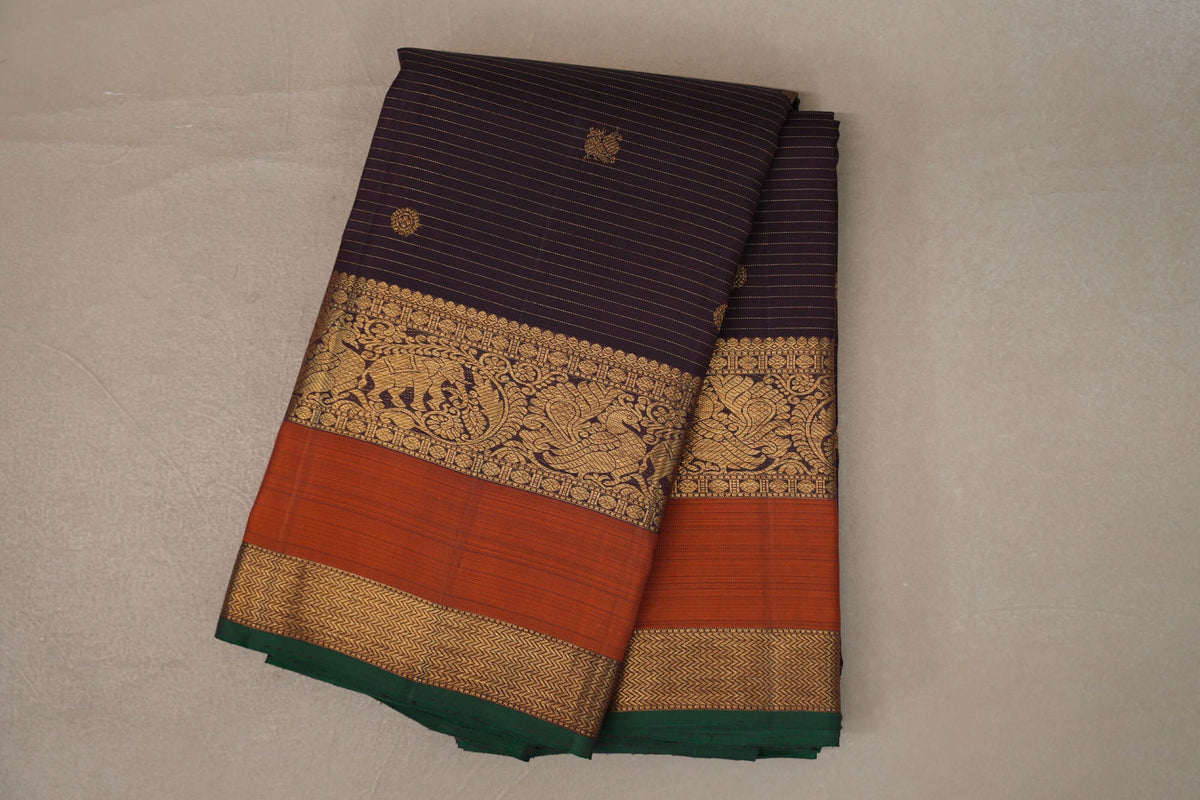 Deep Plum Brown Vintage Kanjivaram Silk Saree by Shreenivas Silks