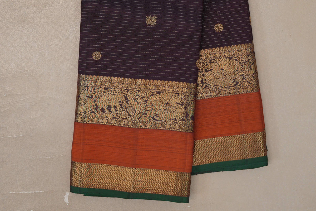 Deep Plum Brown Vintage Kanjivaram Silk Saree by Shreenivas Silks  border